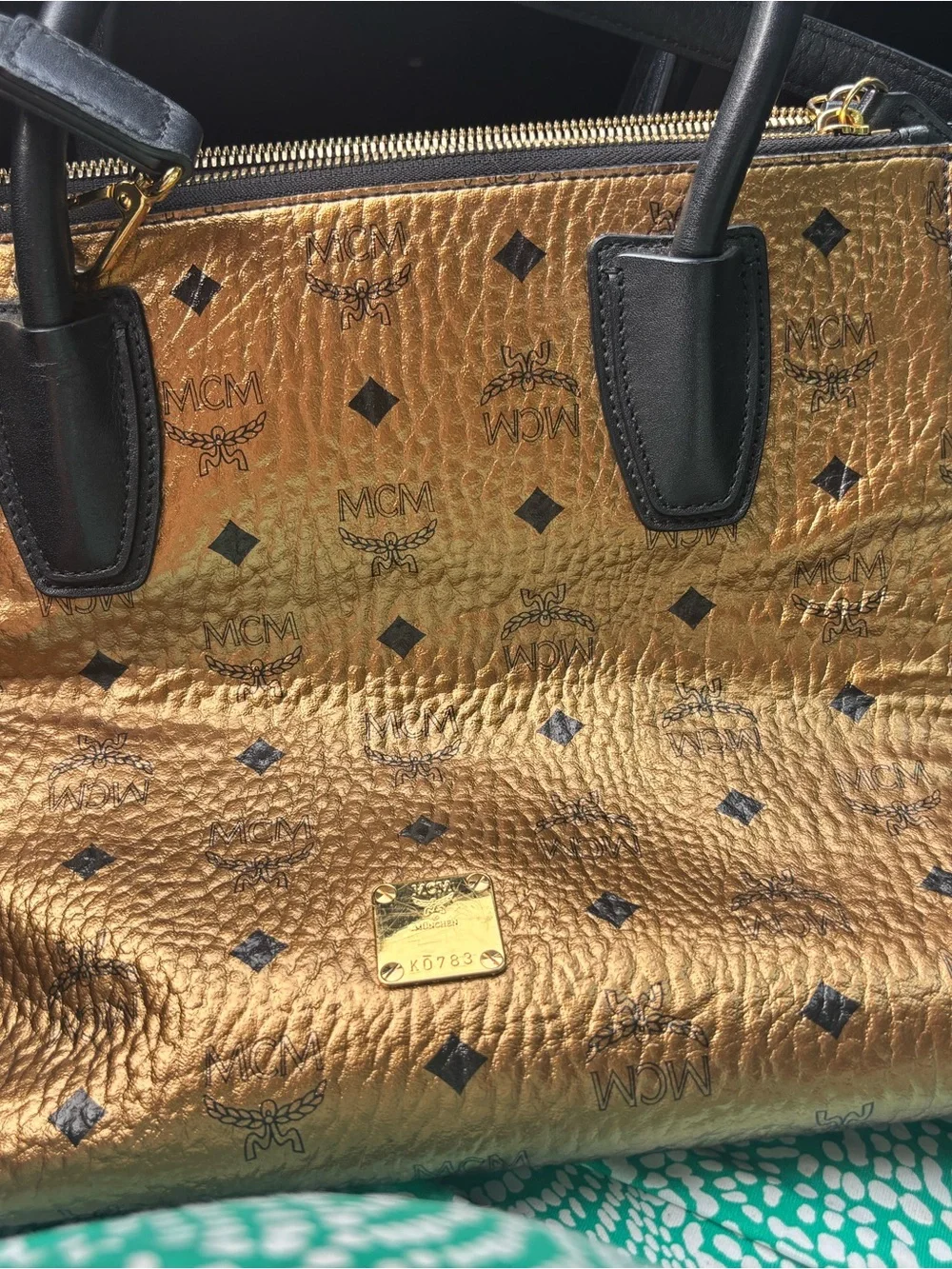 MCM Metallic Gold Visetos Kathy Double Zip Tote